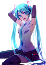 Rule 34 | 1girl, absurdres, aqua eyes, aqua hair, aqua necktie, armpits, arms behind head, arms up, backlighting, bare shoulders, black skirt, black sleeves, black thighhighs, blouse, blush, chinese commentary, commentary, cowboy shot, crity, detached sleeves, grey shirt, hair ornament, hatsune miku, hatsune miku (vocaloid4), headphones, headset, highres, light blush, light particles, long hair, looking at viewer, making-of available, necktie, neon lights, open mouth, see-through, see-through sleeves, shirt, sitting, skirt, sleeveless, sleeveless shirt, smile, solo, thighhighs, twintails, v4x, very long hair, vocaloid, white background, zettai ryouiki