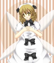 Rule 34 | 1girl, black bow, blonde hair, blush, bow, dress, drill hair, eastern and little nature deity, fairy wings, female focus, hat, interlocked fingers, looking at viewer, luna child, open mouth, smile, solo, striped, striped background, touhou, white dress, wings, yellow eyes