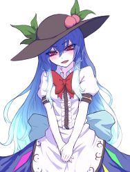 Rule 34 | 1girl, black hat, blue hair, blue skirt, bow, bowtie, breasts, buttons, center frills, colored skin, cowboy shot, eyebrows, food, frills, fruit, gradient hair, hair between eyes, hat, hat ornament, highres, hinanawi tenshi, leaf, looking at viewer, miata (miata8674), multicolored hair, pale skin, peach, puffy short sleeves, puffy sleeves, red bow, red bowtie, red eyes, shirt, short sleeves, simple background, skirt, small breasts, solo, standing, touhou, v arms, white background, white shirt, white skin