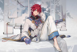 Rule 34 | 1boy, amagi rinne, animal, animal on lap, blue eyes, bright pupils, ensemble stars!, eyokiki, hair between eyes, long sleeves, looking at viewer, male focus, on lap, open mouth, red hair, short hair, side cape, sitting, smile, tiger, tiger cub, traditional clothes, white footwear, white pupils, white tiger, wide sleeves