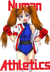 Rule 34 | 1girl, athletic leotard, blue eyes, blue leotard, breasts, brown hair, copyright name, darumatensi, gloves, highres, holding, holding own hair, jacket, leotard, long hair, looking at viewer, medium breasts, numan athletics, off shoulder, open clothes, open jacket, open mouth, red gloves, sharon les halles, smile, solo, thighhighs, thighs, twintails, white thighhighs