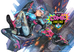 Rule 34 | 1girl, absurdres, alternate hair color, black gloves, bodysuit, bomber jacket, brown eyes, chest harness, comic book tracer, commentary request, copyright name, dual wielding, falling, finger on trigger, full body, gloves, goggles, goggles on head, gun, harness, highres, holding, hungry clicker, jacket, king&#039;s row (overwatch), looking back, machine pistol, official alternate costume, official art, overwatch, overwatch 1, pink footwear, print bodysuit, purple hair, shoes, short hair, skin tight, sleeves pushed up, sneakers, solo, tracer (overwatch), weapon