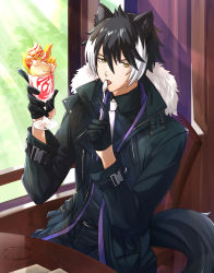 Rule 34 | 1boy, absurdres, animal ears, belt, black coat, black gloves, black hair, black legwear, chair, coat, condensation, day, dessert, food, formal, fur-trimmed coat, fur trim, gloves, half gloves, highres, holding, holding spoon, holostars, indoors, jackal ears, jackal tail, jacket, kageyama shien, leather, leather jacket, licking, looking to the side, male focus, multicolored hair, open clothes, open coat, pants, parfait, silou b, solo, spoon, suit, sunlight, table, tree, two-tone hair, utensil in mouth, virtual youtuber, window, wooden table, yellow eyes