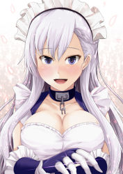 Rule 34 | 1girl, azur lane, belfast (azur lane), blue eyes, blush, breasts, cleavage, collarbone, highres, kanzaki kureha, large breasts, long hair, looking at viewer, maid headdress, open mouth, silver hair, smile, solo