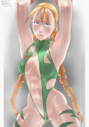 Rule 34 | 1girl, abs, armpits, arms up, blonde hair, blue eyes, border, braid, breasts, cammy white, check commentary, cleavage, commentary, commentary request, dated, dripping, grey background, highres, leotard, long braid, long hair, looking at viewer, muscular, muscular female, navel, parted lips, signature, simple background, small breasts, street fighter, sweat, twin braids, white border, zenkou