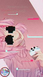 Rule 34 | 1girl, :d, absurdres, artist name, broken neck, chromatic aberration, commentary, copyright name, cupcake, doki doki literature club, drooling, english commentary, food, glitch, hair ornament, hairclip, highres, huge filesize, looking at viewer, moriartea-chan, natsuki (doki doki literature club), open mouth, pink hair, pink sweater, ribbed sweater, short hair, smile, solo, spoilers, sweater, upper body