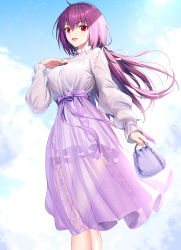 Rule 34 | 1girl, bag, blush, breasts, casual, dress, fate/grand order, fate (series), hair between eyes, hair ribbon, hand up, highres, holding, holding bag, large breasts, long hair, long sleeves, looking at viewer, purple hair, purple skirt, red eyes, ribbon, ririko (zhuoyandesailaer), scathach (fate), scathach skadi (fate), scathach skadi (under the same sky) (fate), see-through, skirt, smile, solo, very long hair, white dress