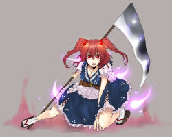 Rule 34 | 1girl, bad id, bad pixiv id, breasts, cleavage, female focus, hair bobbles, hair ornament, large breasts, onozuka komachi, red eyes, red hair, ri no hito, scythe, short hair, solo, touhou, twintails, two side up