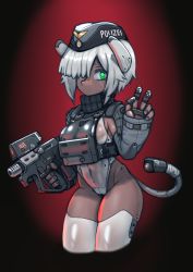 Rule 34 | 1girl, ass, black hat, body armor, breasts, cameltoe, commentary, covered navel, dark-skinned female, dark skin, english commentary, erica (naze1940), glowing, glowing eyes, green eyes, grey hair, gun, hair over one eye, hat, headgear, highres, holding, holding gun, holding weapon, joints, large breasts, leotard, looking at viewer, mechanical tail, medium breasts, no mouth, original, police hat, robot, robot girl, robot joints, solo, submachine gun, tail, thighhighs, thighs, v, weapon, weapon request, white leotard, white thighhighs