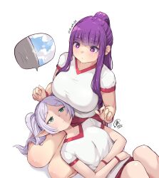Rule 34 | 2girls, breast envy, breast shadow, breasts, commentary, english commentary, fern (sousou no frieren), frieren, green eyes, grey hair, gym uniform, jk arts, lap pillow, large breasts, long hair, looking up, medium breasts, medium hair, multiple girls, pointy ears, purple eyes, purple hair, shadow, simple background, sousou no frieren, sportswear, white background