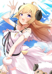 Rule 34 | 1girl, :d, absurdres, ahoge, alternate costume, animal ears, bare shoulders, black dress, blonde hair, blue sky, blush, bracelet, breasts, commentary, dress, eat some cookie, highres, hololive, horns, jewelry, long hair, looking at viewer, medium breasts, open mouth, purple eyes, sheep, sheep ears, sheep girl, sheep horns, sheep tail, sky, sleeveless, sleeveless dress, smile, solo, strap slip, tail, tsunomaki watame, virtual youtuber, watamate, white dress