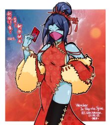 Rule 34 | 1girl, artist name, black thighhighs, blue hair, blue skin, breasts, card, character name, china dress, chinese clothes, closed eyes, colored skin, dated, dress, facing viewer, fur trim, hair bun, hair ornament, hair stick, holding, holding card, mask, medium breasts, medium hair, mouth mask, red dress, sideboob, slay the spire, sleeveless, solo, the watcher (slay the spire), thighhighs, whitose