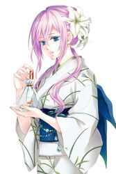 Rule 34 | 1girl, alternate hairstyle, arms up, bad id, bad pixiv id, bag, blue eyes, fish, flower, goldfish, hair flower, hair ornament, hair up, highres, holding, japanese clothes, jewelry, kimono, leaf, lily (flower), long hair, megurine luka, obi, open mouth, pink hair, quail, sash, solo, transparent background, vocaloid, yamano uzura