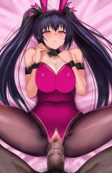 Rule 34 | 1boy, 1girl, animal ears, bed, black hair, breasts, censored, cleavage, clothed female nude male, crotchless, dark-skinned male, dark skin, detached collar, fake animal ears, hetero, highres, large breasts, leotard, long hair, lying, neptune (series), noire (neptunia), nude, nyamota, on back, open mouth, penis, playboy bunny, pov, pussy, red eyes, sex, shin jigen game neptune vii, spread legs, twintails, vaginal
