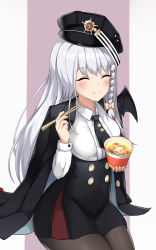 Rule 34 | 1girl, ass, black pantyhose, blue archive, blush, braid, breasts, chopsticks, closed eyes, demon wings, eating, grey hair, happy, haruna (blue archive), hat, highres, huge ass, jacket, long hair, medium breasts, military, military uniform, necktie, pantyhose, ribbon, side braid, simple background, solo, thick thighs, thighhighs, thighs, uniform, white hair, wings, yukiha kanade