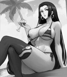 Rule 34 | 1girl, areola slip, beach, bikini, boa hancock, breasts, covered erect nipples, crossed legs, cup, drinking glass, earrings, highres, holding, holding cup, jewelry, lady shin, large breasts, long hair, monochrome, one piece, outdoors, sitting, snake earrings, swimsuit, thighhighs, very long hair