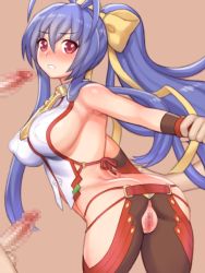 Rule 34 | 1girl, antenna hair, ass, blazblue, blazblue: central fiction, blazblue variable heart, blue hair, blush, breasts, censored, cowboy shot, elbow gloves, genderswap, genderswap (mtf), gloves, highres, imminent penetration, imminent rape, large breasts, long hair, mai natsume, multiple penises, no bra, penis, pink eyes, ponytail, pussy, solo focus, very long hair