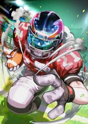 Rule 34 | 1boy, american football, american football (object), american football helmet, american football uniform, ball, commentary request, eyeshield 21, gloves, helmet, holding, kobayakawa sena, looking at viewer, male focus, open mouth, ossan zabi 190, shoulder pads, solo, sportswear, white gloves