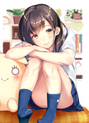 Rule 34 | 1girl, arm support, bed, bedroom, black hair, blue skirt, blush, book, bookshelf, brown eyes, brown hair, clock, convenient censoring, convenient leg, crossed arms, drawing (object), full body, hair ornament, hairclip, indoors, kinugasa yuuichi, knees up, legs, light smile, lips, looking at viewer, miniskirt, mole, mole under eye, no shoes, original, photo (object), plaid, plaid skirt, plant, potted plant, school uniform, shirt, short hair, short sleeves, sitting, skirt, smile, socks, solo, stuffed toy, white shirt, yellow eyes