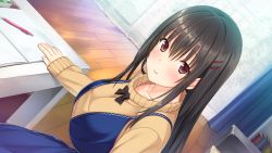 Rule 34 | 1girl, absurdres, black hair, blush, breasts, brown eyes, chair, closed mouth, curtains, day, dress, female focus, from above, game cg, highres, indoors, large breasts, light blush, long hair, long sleeves, looking at viewer, nekonyan, original, pen, sitting, sleeves past wrists, smile, solo, table, tonari ni kanojo no iru shiawase ~winter guest~, turtleneck, wooden floor, yukimura shiho