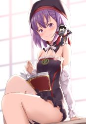 Rule 34 | 1girl, absurdres, bare shoulders, blush, book, breasts, detached sleeves, fate/grand order, fate (series), hat, helena blavatsky (fate), highres, looking at viewer, maosame, purple eyes, purple hair, salute, short hair, small breasts, smile, solo