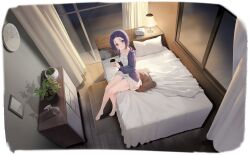 1girl absurdres alarm_clock azur_lane babydoll bed breasts clock coffee coffee_mug cup curtains hair_ornament hairclip highres holding holding_cup hood hood_down hooded_jacket jacket lamp looking_at_viewer medium_hair mug non-web_source off_shoulder official_alternate_costume official_art on_bed pillow purple_eyes purple_hair purple_jacket sairenji_haruna sairenji_haruna_(on_one_serene_night) sitting small_breasts smile solo to_love-ru to_love-ru_darkness white_babydoll