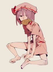 Rule 34 | 1girl, barefoot, bobo (nicoseiga29478507), collared dress, commentary, cookie (touhou), dress, expressionless, food, food in mouth, full body, hat, highres, hisaka (cookie), looking at viewer, mob cap, pink dress, pink hat, purple eyes, purple hair, red sash, remilia scarlet, sash, short hair, solo, taiyaki, touhou, wagashi