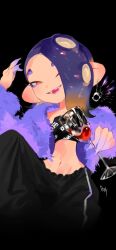 Rule 34 | 1girl, alcohol, arm up, black background, black pants, black tube top, blonde hair, blue hair, blue jacket, bright pupils, cephalopod eyes, cowboy shot, crop top, cup, drink, drinking glass, earrings, fangs, fur jacket, gam (99jellys), gradient hair, hair over one eye, highres, holding, holding cup, jacket, jewelry, long hair, looking at viewer, midriff, multicolored hair, navel, nintendo, octoling, official alternate costume, one eye closed, open mouth, outstretched arm, pants, print tube top, red eyes, red wine, shiver (splatoon), short eyebrows, signature, single earring, solo, splatoon (series), splatoon 3, strapless, suction cups, tentacle hair, track pants, tube top, two-tone hair, white pupils, wine, wine glass