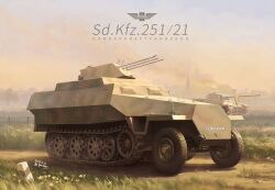 Rule 34 | absurdres, artist name, building, dated, fire, highres, military, military vehicle, motor vehicle, no humans, original, outdoors, panther (tank), scenery, sky, smoke, spacebar hobby, tank, vehicle focus, vehicle name