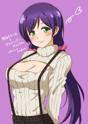 Rule 34 | 10s, 1girl, 2014, :3, blush, breasts, cleavage, cleavage cutout, clothing cutout, covered erect nipples, dated, green eyes, hair ribbon, highres, large breasts, long hair, looking at viewer, love live!, love live! school idol festival, love live! school idol project, meme attire, open-chest sweater, purple background, purple hair, rainforce, ribbon, simple background, smile, solo, standing, suspenders, sweater, tojo nozomi, turtleneck, twintails