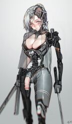 Rule 34 | 1futa, absurdres, amputee, android, bar censor, breasts, censored, chromatic aberration, cleavage, closed mouth, cyborg, damaged, dual wielding, exposed brain, futanari, gradient background, grey background, gun, highres, holding, holstered, iuui, large breasts, long hair, looking at viewer, mechanical parts, mechanization, mismatched pupils, no pupils, original, ponytail, precum, solo, triple amputee, variant set, weapon, white hair