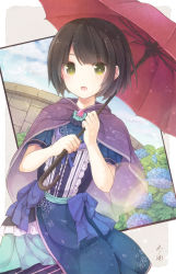 Rule 34 | 1girl, black hair, blue bow, blue dress, blue sky, blunt bangs, bow, capelet, cloud, day, dress, eyebrows, flower, framed, frilled dress, frills, green eyes, holding, hydrangea, leaf, looking at viewer, open mouth, original, outdoors, puffy short sleeves, puffy sleeves, short hair, short sleeves, sky, solo, sparkle, sunlight, umbrella, water, water drop, wet, yonema