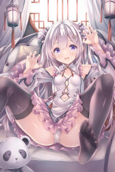 Rule 34 | 1girl, black thighhighs, blue eyes, blush, breasts, bun cover, chinese clothes, claw pose, clothing cutout, couch, curtains, double bun, feet, hair bun, hair ornament, hairclip, hands up, highres, lantern, lolita fashion, long hair, looking at viewer, navel, navel cutout, on couch, open mouth, original, panties, qi lolita, red tassel, ryo (botugo), small breasts, soles, solo, spread legs, stuffed animal, stuffed toy, teddy bear, thighhighs, underwear, white hair, white panties, window