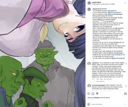 Rule 34 | 1girl, 3boys, behind the scenes, blue hair, breasts, covered erect nipples, dark blue hair, english text, fighter (goblin slayer!), goblin, goblin male, group picture, highres, instagram, large breasts, leaning forward, multiple boys, naughty face, ponytail, recording, seductive smile, selfie, smile