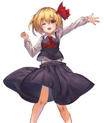 Rule 34 | 1girl, ;d, arms up, ascot, black skirt, black vest, blonde hair, clenched hand, feet out of frame, hair between eyes, hair ribbon, highres, long sleeves, looking at viewer, one eye closed, open hand, open mouth, outstretched arm, red ascot, red eyes, ribbon, rumia, shirt, short hair, simple background, skirt, smile, solo, standing, teeth, touhou, upper teeth only, vest, white background, white shirt, wing collar, yanyan (shinken gomi)