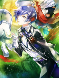 Rule 34 | 1boy, black jacket, black pants, blue eyes, blue hair, bug, butterfly, hair over one eye, insect, jacket, looking at viewer, noki (affabile), open clothes, open jacket, pants, parted lips, persona, persona 3, red eyes, shirt, uniform, white shirt, yuuki makoto (persona 3)