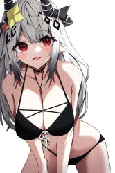 Rule 34 | :d, absurdres, arknights, bare shoulders, bikini, black bikini, blush, breasts, cleavage, collarbone, flower, grey hair, hair ornament, highres, horns, jewelry, large breasts, long hair, looking at viewer, material growth, mudrock (arknights), mudrock (silent night) (arknights), necklace, official alternate costume, open mouth, oripathy lesion (arknights), pointy ears, simple background, smile, solo, swimsuit, touko (toko12 tooko), very long hair, white background, yellow flower