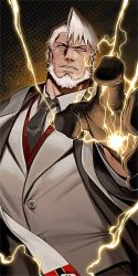 Rule 34 | 1boy, bara, beard, black gloves, character request, copyright request, facial hair, foreshortening, formal, gloves, gomtang, lightning, looking at viewer, male focus, mature male, muscular, muscular male, short hair, solo, suit, upper body, white hair, white suit