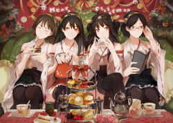 Rule 34 | 10s, 4girls, adjusting eyewear, bare shoulders, black hair, black legwear, blue eyes, blush, book, breasts, brown eyes, brown hair, cake, cake slice, christmas, christmas ornaments, christmas tree, couch, creamer, cup, detached sleeves, double bun, eating, closed eyes, female focus, flower, food, fork, frilled skirt, frills, fruit, glasses, green upholstery, hair ornament, hairband, haruna (kancolle), headgear, hiei (kancolle), holiday, japanese clothes, kantai collection, kettle, kirishima (kancolle), kongou (kancolle), long hair, merry christmas, milk, multiple girls, nineo, nontraditional miko, off shoulder, open book, pantyhose, pastry, patterned upholstery, personification, plaid, plate, purple eyes, reading, ribbon-trimmed sleeves, ribbon trim, rose, sandwich, short hair, sitting, skirt, smile, spoon, strawberry, strawberry shortcake, table, tea kettle, tea set, teacup, teapot, thighhighs, tiered serving stand, tiered tray, tray, yunomi