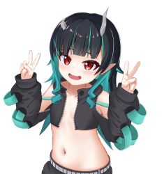 Rule 34 | 1girl, black hair, black skirt, blue hair, blunt bangs, blush, clothing cutout, commentary request, cropped jacket, demon girl, demon horns, double v, fang, flat chest, grey background, highres, horns, jacket, koneko idk, long hair, long sleeves, looking at viewer, medium bangs, midriff, multicolored hair, nanashi inc., navel, no bra, no gloves, open clothes, open jacket, open mouth, pointy ears, red eyes, shishio chris, shoulder cutout, simple background, skirt, smile, solo, two-tone hair, upper body, v, virtual youtuber, zipper