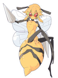 Rule 34 | 1girl, antennae, bee girl, beedrill, blonde hair, breasts, colored skin, creatures (company), female focus, game freak, gen 1 pokemon, highres, arthropod girl, insect wings, monster girl, nintendo, no pupils, personification, pokemon, red eyes, simple background, small breasts, solo, tomatojam, white background, wings, yellow skin