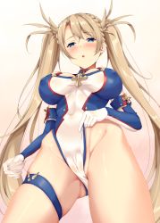 Rule 34 | 1girl, bare shoulders, blonde hair, blue eyes, blush, bradamante (fate), bradamante (first ascension) (fate), braid, breasts, cameltoe, cleavage, covered navel, elbow gloves, fate/grand order, fate (series), french braid, frontal wedgie, fukuda shuushi, gloves, gradient background, hair between eyes, highleg, highleg leotard, highres, hip focus, large breasts, leotard, long hair, looking at viewer, open mouth, solo, thigh strap, thighs, twintails, very long hair, wedgie
