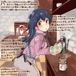Rule 34 | 1girl, admiral (kancolle), alternate costume, animal, apron, aran sweater, black hair, brown eyes, cable knit, colored pencil (medium), commentary request, dated, hair between eyes, hair ornament, hamster, holding, kantai collection, kirisawa juuzou, long hair, long sleeves, non-human admiral (kancolle), numbered, open mouth, oven mitts, revision, sweater, traditional media, translation request, twitter username, ushio (kancolle), x hair ornament