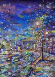 absurdres acrylic_paint_(medium) blue_sky building highres highway jobanni lamppost landscape night night_sky no_humans original painting_(medium) road sky town traditional_media utility_pole