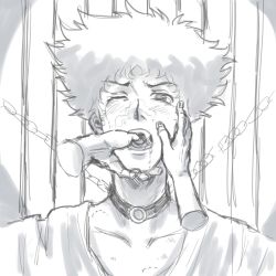 Rule 34 | 1boy, cowboy bebop, finger in another&#039;s mouth, monochrome, one eye closed, open mouth, solo focus, spike spiegel, tagme