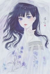 Rule 34 | 1girl, blue eyes, blue flower, blue hair, chinese clothes, closed mouth, commentary request, finger to mouth, floral print, flower, flower request, hand up, hanfu, highres, light blush, long hair, long sleeves, looking at viewer, medibang paint (medium), nail polish, original, purple flower, seal impression, signature, solo, standing, upper body, wavy hair, white headwear, white nails, wide sleeves