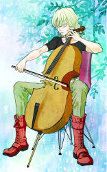 Rule 34 | 10s, 1boy, barnaby brooks jr., blonde hair, boots, buffy, cello, fiddle (instrument), full body, glasses, gradient background, green eyes, instrument, male focus, plant, shirt, solo, t-shirt, tiger &amp; bunny