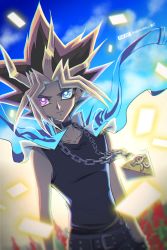 Rule 34 | 1boy, bare shoulders, belt collar, black hair, blonde hair, blue eyes, card, collar, commentary request, day, dyed bangs, highres, male focus, millennium puzzle, multicolored hair, outdoors, purple eyes, raijin-bh, shirt, smile, solo, spiked hair, yami yugi, yu-gi-oh!