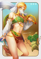 Rule 34 | 1boy, arrow (projectile), artist name, bare shoulders, blonde hair, blue background, blue eyes, blurry, blurry background, breasts, bridal gauntlets, brown background, bulge, crossdressing, detached sleeves, feet out of frame, gerudo set (zelda), gradient background, highres, holding, korok, link, looking at viewer, male focus, medium breasts, midriff, mouth veil, nail polish, navel, nintendo, parted bangs, pink nails, quiver, scimitar, shadow, shield, shield on back, solo, steamed egg, sword, the legend of zelda, the legend of zelda: breath of the wild, thighs, trap, veil, weapon, white sleeves