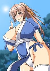 Rule 34 | 1girl, areola slip, blush, breasts, brown eyes, brown hair, cameltoe, cleavage, covered erect nipples, curvy, dead or alive, hair ribbon, huge breasts, kasumi (doa), long hair, ninja, ponytail, puffy nipples, ribbon, smile, solo, standing, tecmo, thick thighs, thighs, wide hips